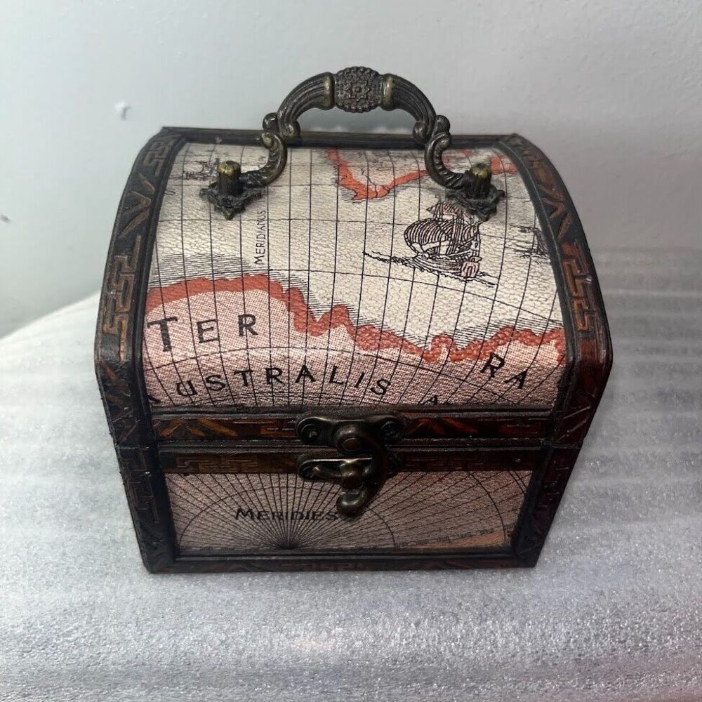 World Maps Wooden Small Storage Box Chest Handle Latch and Hinges "Collectible"